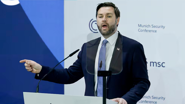 J.D. Vance durante su discurso en Múnich, el pasado 14 de febrero.